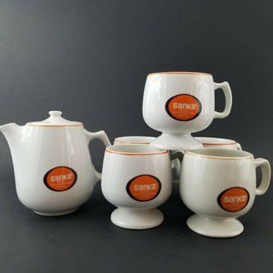 Set of 5 Vintage Sanka 8oz Pedestal Coffee Mugs and 16oz Pot Made in Japan